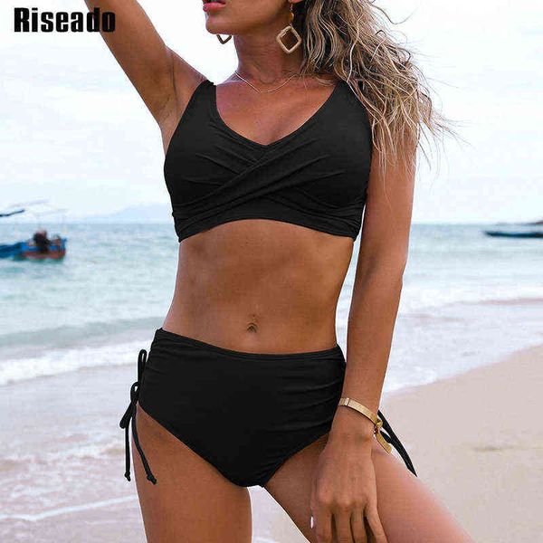 

riseado high waist bikini set push up swimwear women swimsuits new black bathing suit twist tankini drawstring beach wear, White;black
