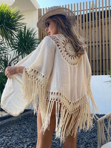 

fringe hem kimono h5vq#, White;black