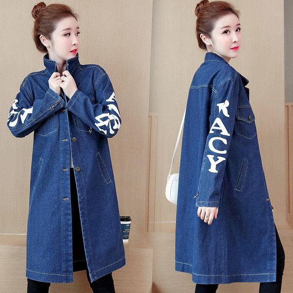 

women's trench coats casual loose windbreaker female 2021 spring autumn print letter long coat jeans large size slim denim jacket f993, Tan;black