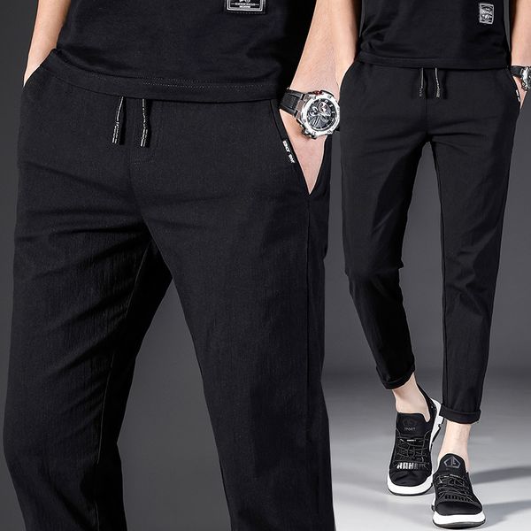 

men's pants brand spring casual ankle-length elastic waist cotton trousers male black plus size 38 l013 vxxb