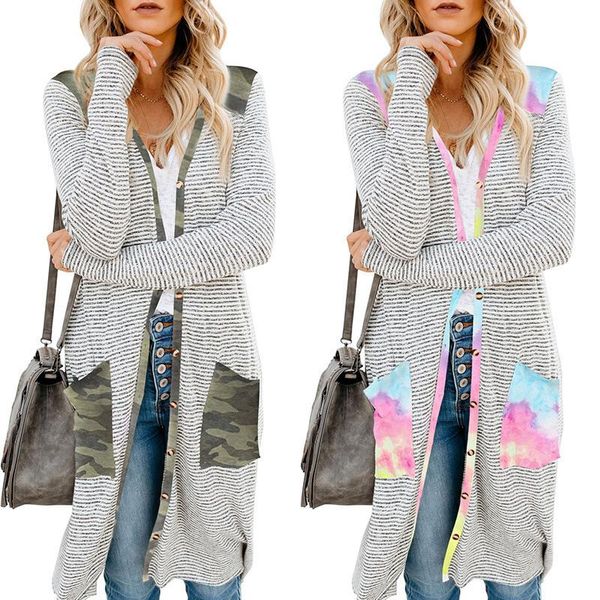 

women's trench coats spring autumn women striped female leopard snake camouflage v neck single-breasted long cardigan casual outerwear, Tan;black