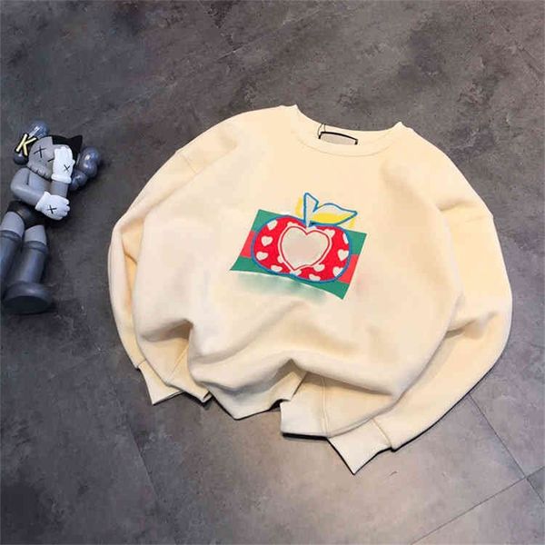 

chaopai three-dimensional apple embroidered letter printed round neck plush sweater for men and women, Black