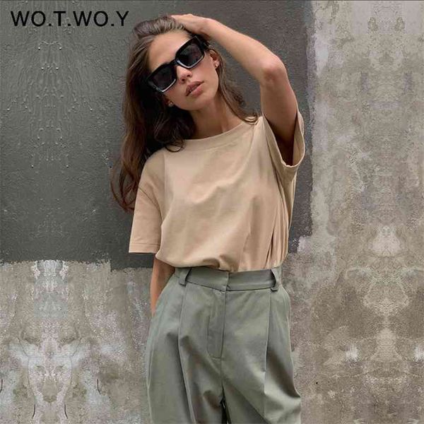 

wotwoy summer knitted basic solid t-shirt women casual cotton short sleeve tee-shirts female fashion s-xl 210720, White