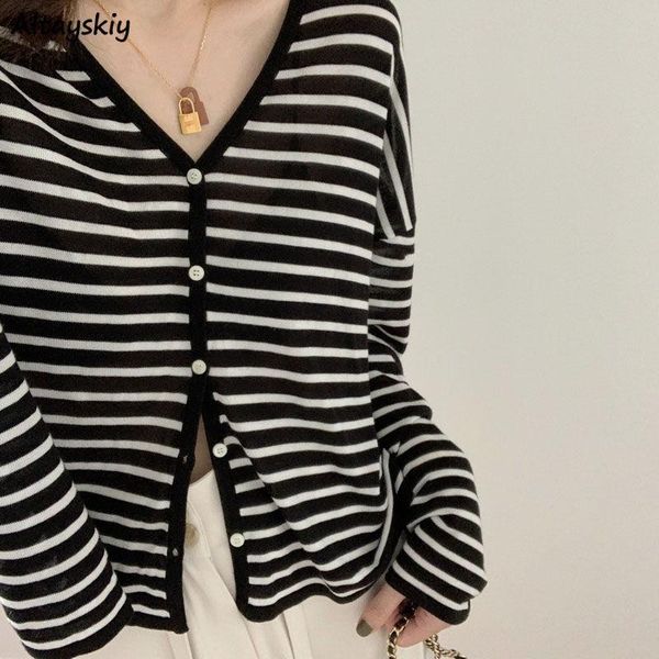 

women's knits & tees striped cardigan women spring long sleeve v-neck knitted outwear loose sun protection ol gentle lazy sweaters kore, White