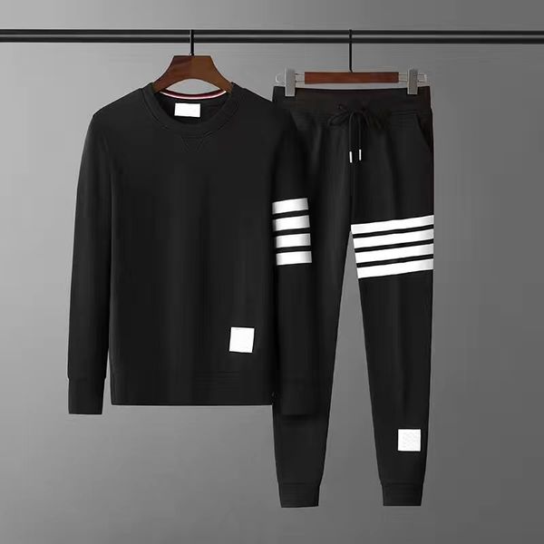 

men's hoodies sweatshirts autumn winter pure cotton loopback jersey knit engineered arm stripe thom crewneck pullover brown women m-5xl, Black
