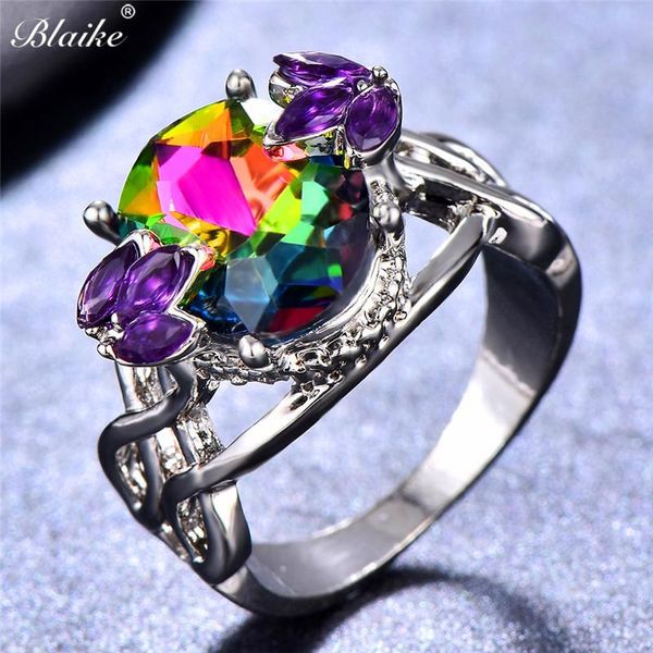 

wedding rings blaike 2021 fashion rainbow zircon for women 925 sterling silver filled hollow flower shape ring engagement party jewelry, Slivery;golden