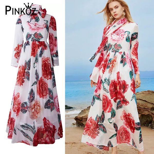 

rose flower printed chiffon spring summer tropical floral chic england style maxi high waist dress women party causal 2xl 210421, Black;gray