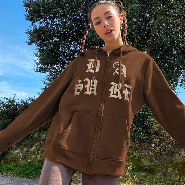 

women's hoodies & sweatshirts saleqi streetwear brown fleece autumn winter women letter embroidery retro zip up hoodie oversized basic, Black