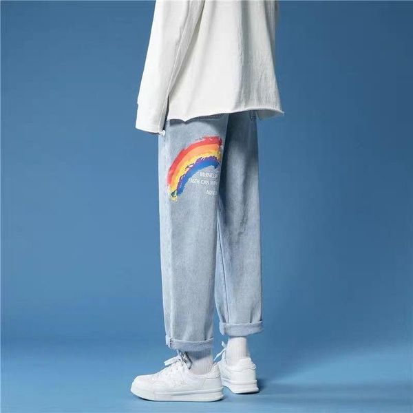 

women's jeans cool rainbow print fashion girls boyfriend straight pants boys trousers harajuku jean denim bagge autumn, Blue