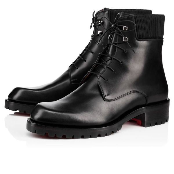 

winter designer sports men ankle boot low-heeled red bottom boots calfskin leather matte grosgrain trim metal eyelet lace-up round toe trapm, Black