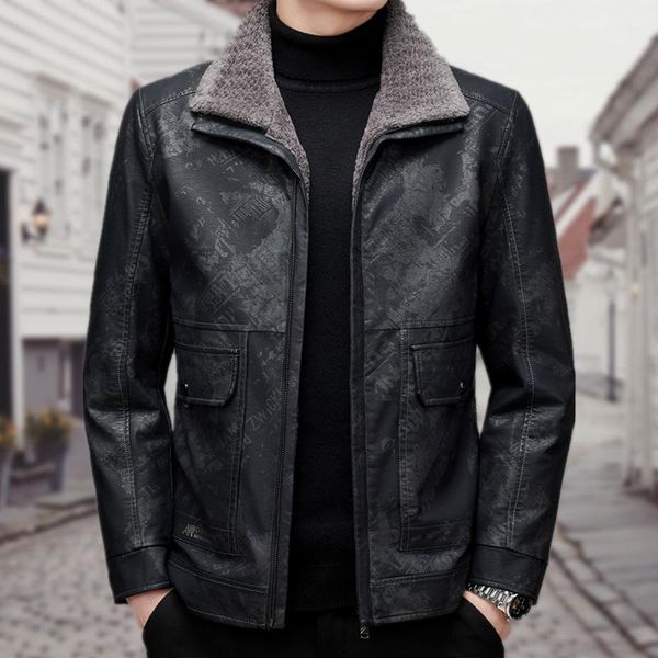 

men's leather & faux down jacket middle-aged casual winter lapel, Black