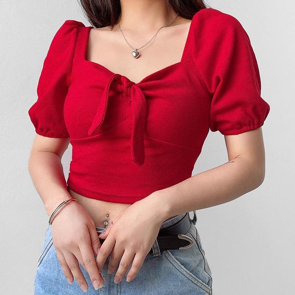

women's t-shirt hirigin women t-shirts summer bow square neck puff sleeve crop lady fashion casual solid color short tee shirt fem, White