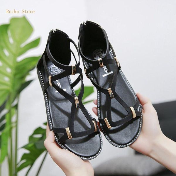 

spring fashion sandals women's shoes front and back straps flat heel adhesive one-word buckle pu solid color, Black