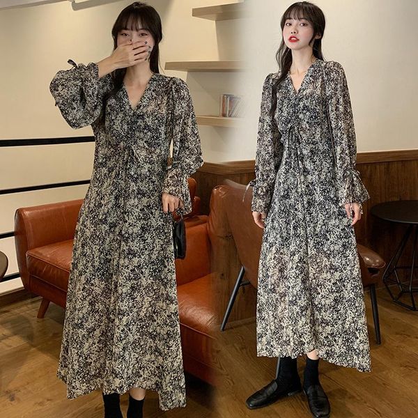 

maternity dresses 5022# dress floral long sleeves midi plus size pregnancy large pregnant woman mom, White