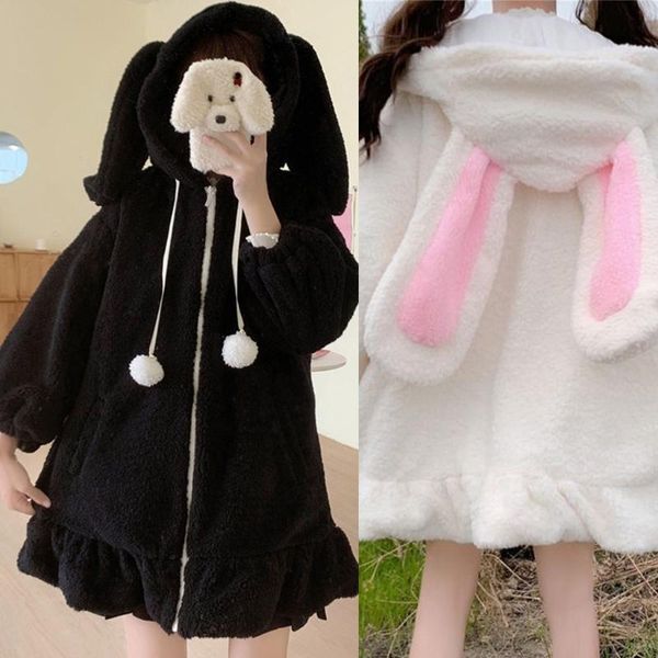 

women's jackets women winter long sleeve fuzzy hooded jacket harajuku kawaii ears zip up cardigan coat plush warm ruffles outwear, Black;brown