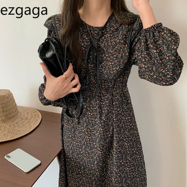 

casual dresses ezgaga tender vintage floral printed dress women chic o-neck detachable shawl lace up slim waist chiffon elegant vestidos, Black;gray