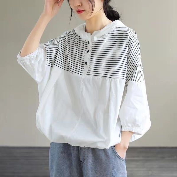 

women's t-shirt 2021 arrival summer korean style women casual loose batwing sleeve hooded t shirt cotton stripe patchwork t-shirt w303, White