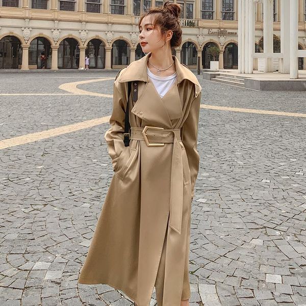 

women's trench coats long windbreaker spring autumn ladies cloak khaki wear a belt satin fabric high-end cotton lined coat female, Tan;black