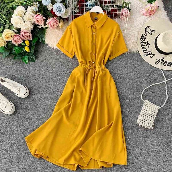 

ladies spring summer fashion dess turn down neck solid high waist short sleeve casual chic women's dress 210520, Black;gray