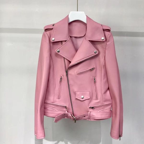 

women's leather & faux spring jacket slim short motorcycle jackets 2021 fashion sheepskin coat women streetwear, Black