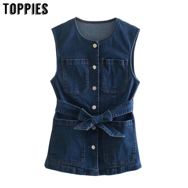 Toppiess Gilet da donna in denim blu Capispalla manica sottile con cintura Giacca da donna Jean Vest 210412