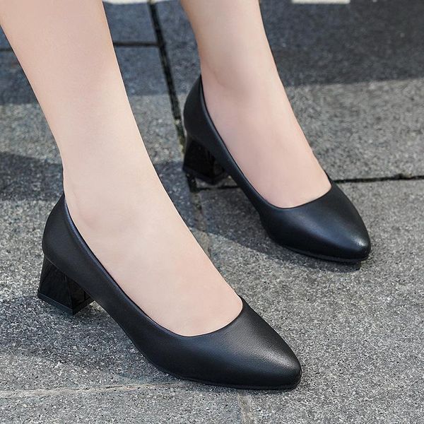 

solid black office women shoes woman 2021 professional work pointed soft bottom mid thick heel slip on shallow ladies pumps dress