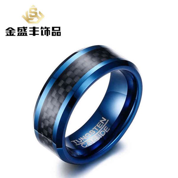 

Ring Straight Tungsten Steel Jewelry Men's Carbon Fiber Blue Tcr-068, Silver