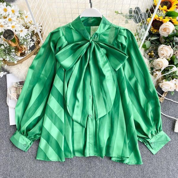 

womens blouses shirt sprin autumn satin bow solid collar puff sleeve loose office lady women blouse tide plus size, White
