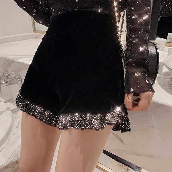 

shorts 6224# sydney lady qian's glittering diamond inlaid thin a-line wide leg women's high waist casual pants summer, White;black