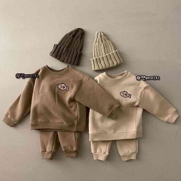 

autumn winter baby boys and girls loose casual sweatshirt pants set childrens 2 piece thicken fleece clothing sets, White