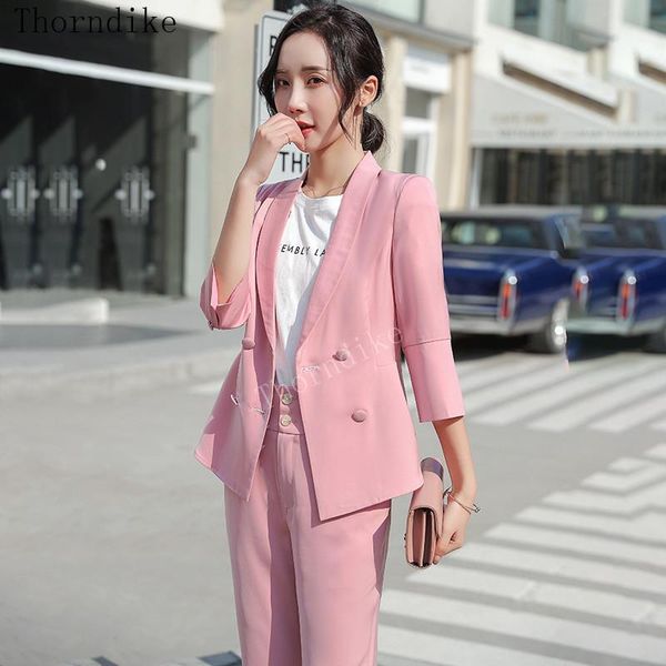 

thorndike 2021 arrive office ladies pink blazer sets suits mid-sleeve double- breasted pants suit women's & blazers, White;black