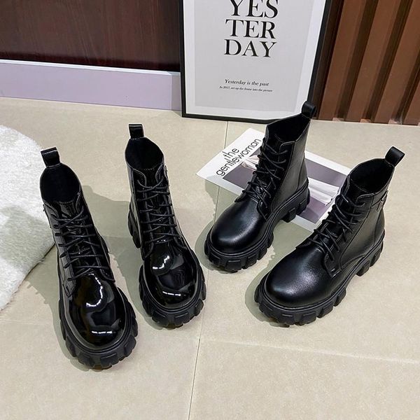 

boots fashion autumn and winter online celebrity street shooting muffin primer leather booties women's metal buckle with high heels an, Black