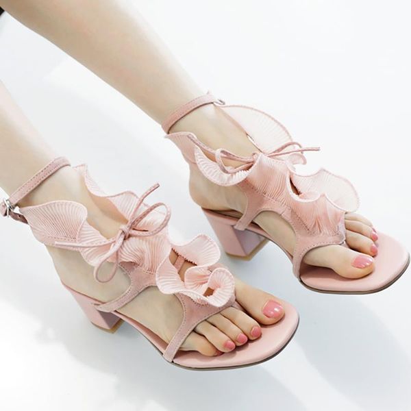 

women summer open clip toed sandals ladies fashion ruffles shoes sweet pink black gladiator shoe 5cm square thick high heel pump