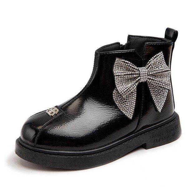 

girls leather boots autumn winter warm cotton children' ankle rhinestone bling bowtie big bow kids 26-37, Black;grey