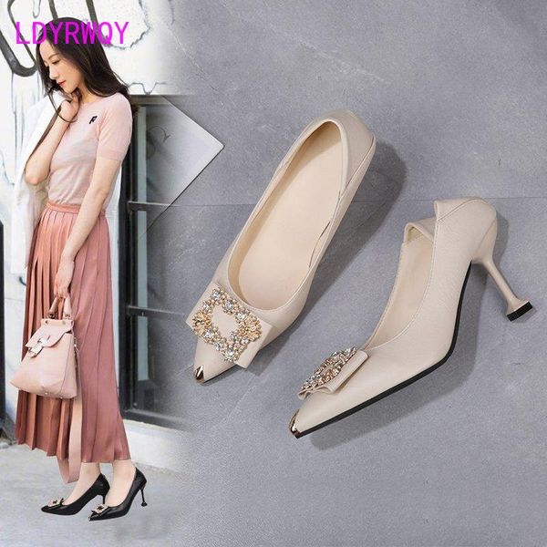 

women's 2021 autumn and winter shoes pointed diamond square button single high heels thin dress, Black