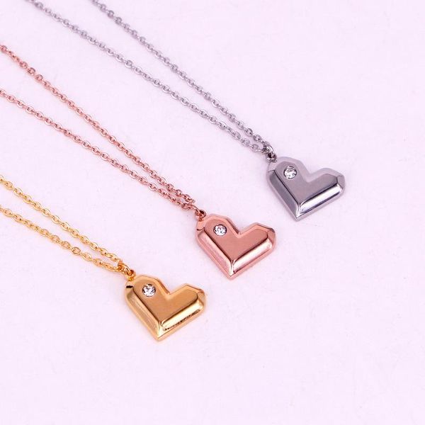 

chains fashion selling stainless steel bevel single crystal three-dimensional peach heart pendant woman necklace jewelry wholesale, Silver