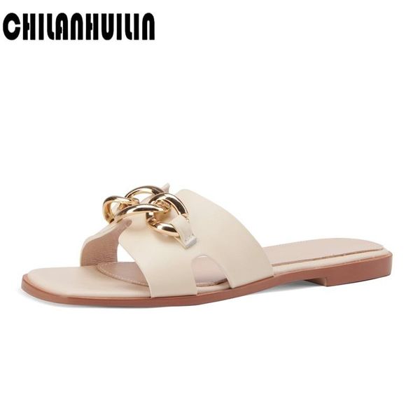

brand chains leather sandals women peep toe fashion flat heels summer party for slingbacks slippers, Black