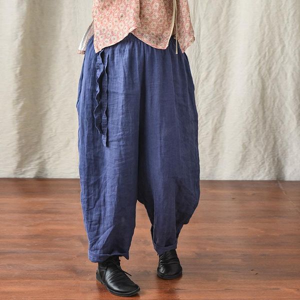

women's pants & capris qpfjqd ladies elastic waist linen casual 2021 summer autumn womens loose retro wide leg radish trousers solid co, Black;white