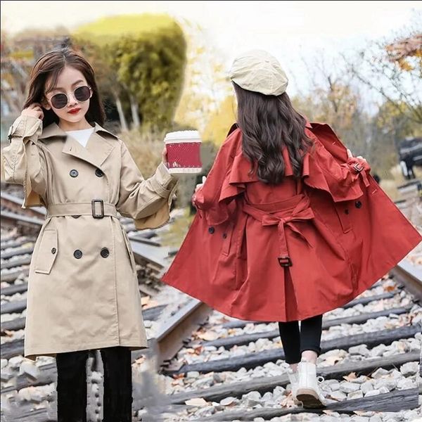 

4-11years girls windbreaker spring british style coat childrens outwear medium length cotton jacket for girls kids clothes, Blue;gray