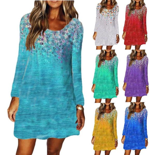 

casual dresses autumn women round neck loose print long sleeve dress fashion vintage beach plus size t-shirts boho pullover, Black;gray