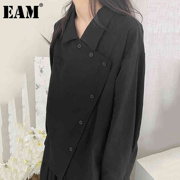 

[eam] women black button decoration big size blouse lapel long sleeve loose fit shirt fashion spring summer 1dd8319 21512, White