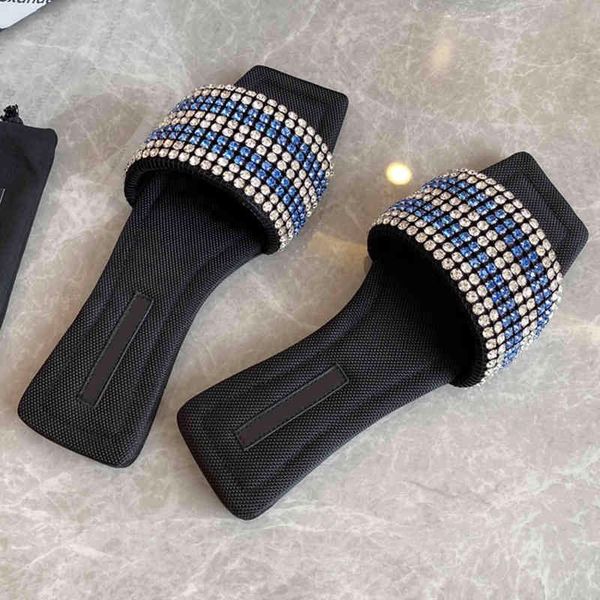 

2o21 luxury designer women's flat slippers shiny diamond square sandals summer comfortable outdoor beach shoes, Black