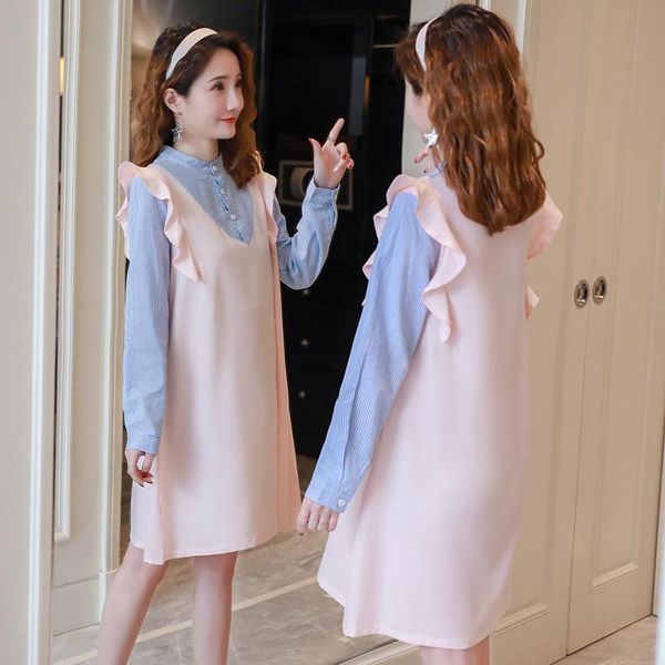 

maternity dresses 9205# dress spring autumn cotton stripe long sleeves false two pieces for pregnant women mom, White