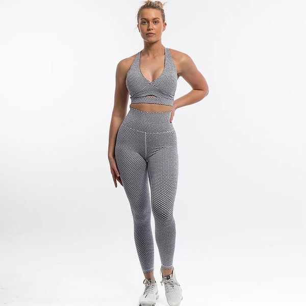 

yoga outfit grid sets women gym clothes two piece set sports jogging suit bra high waist leggings fitness workout