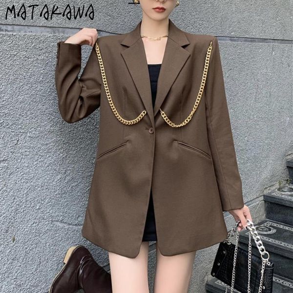 

women's suits & blazers matakawa blazer chain autumn vintage notched long sleeve loose casual elegant coat women solid fashion high str, White;black