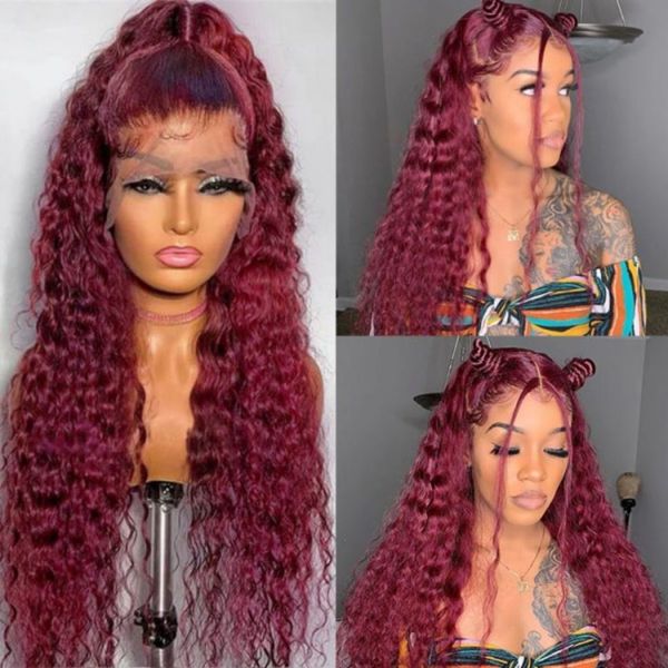 

34 inch 99j bourgondi diepe golf lace front pruik rood gekleurde krullend menselijk haar kant frontale pruiken hd 4x4 diepe wave sluiting, Golden;white