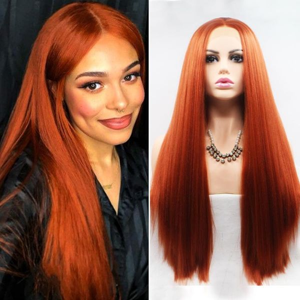 

synthetic wigs ginger lace front long yaki straight hair glueless pre plucked orange red frontal for black women