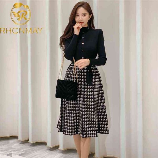 

winter women's korean style knit dress fashion turtlenck sweater spliced plaid high waist a-line vestidos knee length 210506, Black;gray