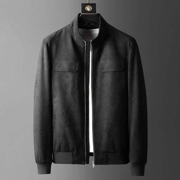 

women's leather & faux light luxury men's reputation comfortable elastic suede trend handsome stand collar jacket autumn and winte, Black