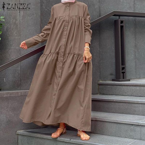 

casual dresses 2022 stylish solid sundress women elegant long sleeve o neck shirt dress vintage loose ruffle kaftan button work vesti, Black;gray